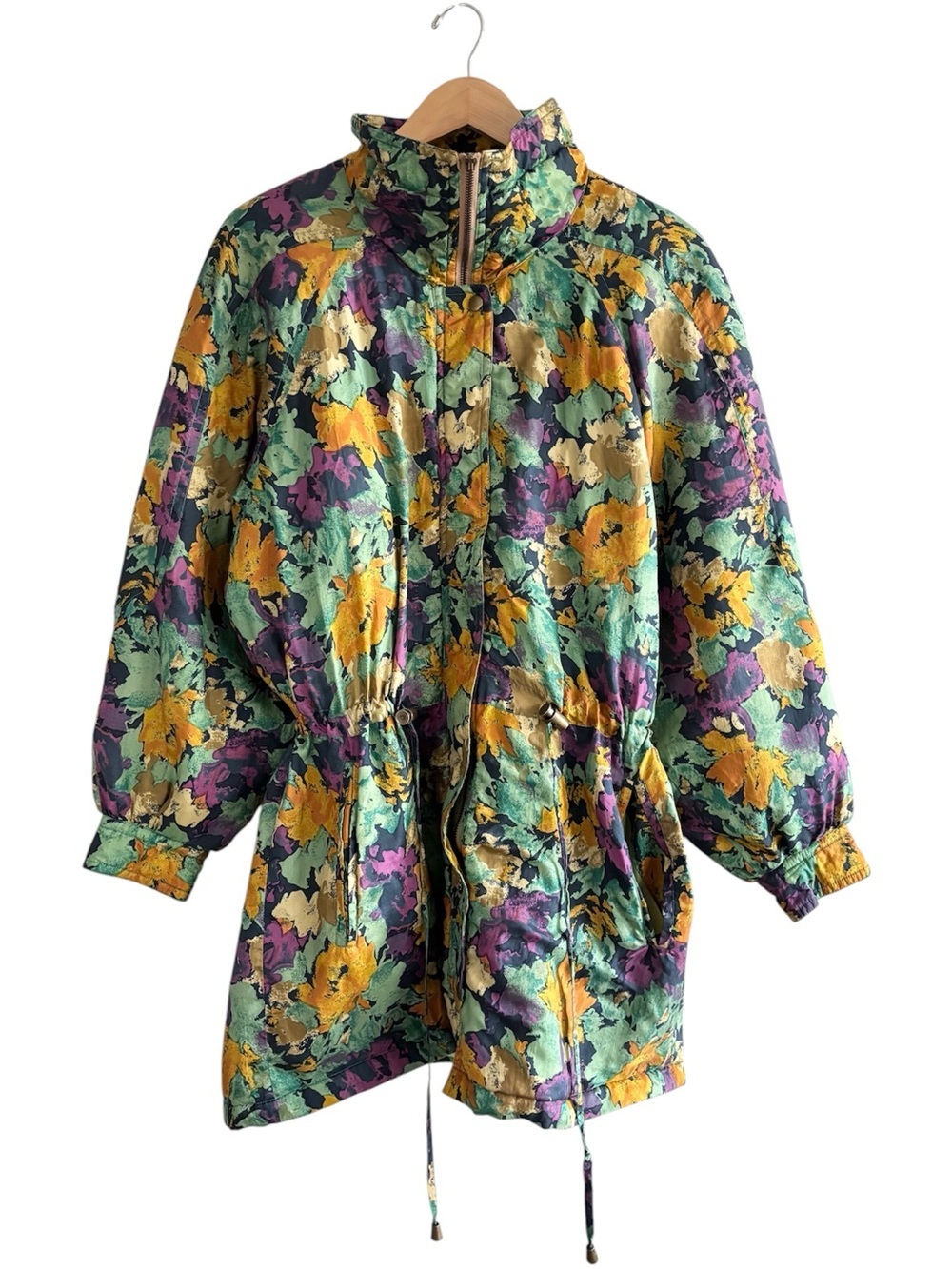 Vintage 100% Silk Rare Floral Utility Anorak Jacket in Green, Yellow & Purple - Picture 2 of 16
